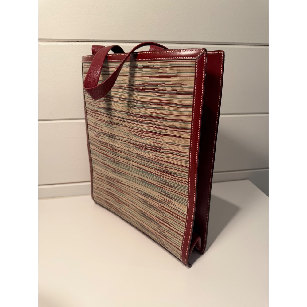 Hermes Vintage Tote Bag Burgundy Red Leather Woven Textile Striped Made in Franc - Picture 7 of 11